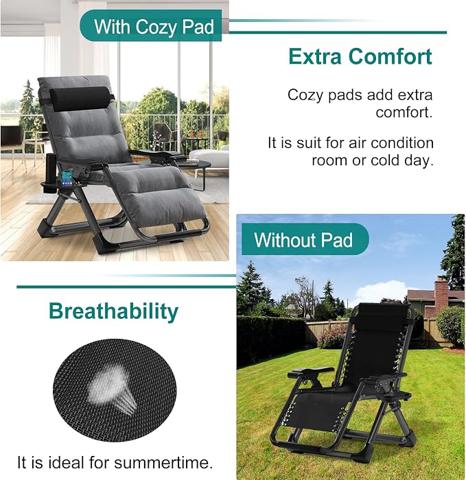 DoCred Zero Gravity Chair, Lawn Recliner, Reclining Patio Lounger Chair, Folding Portable Chaise with Detachable Soft Cushion, Cup Holder, Headrest