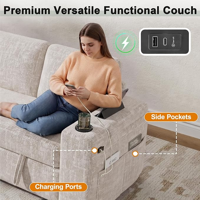 Vipbear Premium 86" Modular Sectional Sleeper Sofa, 5 Seat Sleeper Sofa with Pull Out Bed, L Shaped Couch with Storage Chaise|USB Ports|Cup Holders|Storage Armrests|Side Table, White