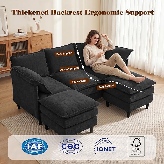 3 Seater U-Shape Couch Sofa with Ottomans, 69" Small Couch Modern Comfy Cloud Sofa with 23" Deep Washable Pillow ChenilleCover Couches for Living Room Bedroom Apartment Office 69-Black-U