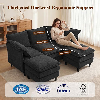 3 Seater U-Shape Couch Sofa with Ottomans, 69" Small Couch Modern Comfy Cloud Sofa with 23" Deep Washable Pillow ChenilleCover Couches for Living Room Bedroom Apartment Office 69-Black-U