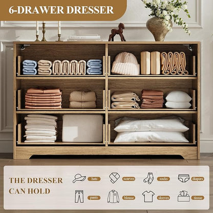 MALOL Coastline Fluted 6 Drawers Dresser for Bedroom, 48" Wide Modern Chest of TV Stand Organizers with Metal Handle, Storage Wooden Dresser Drawer for Living Room, Hallway, Closet, Walnut Wood