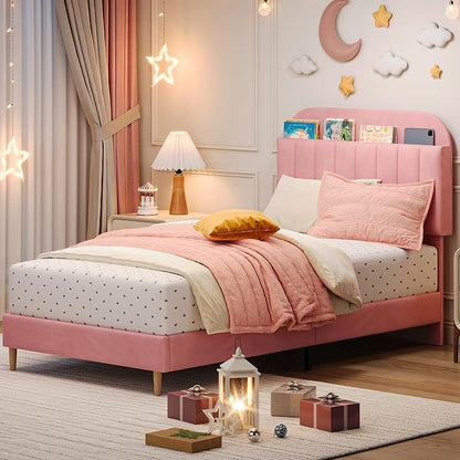 GarveeHome Twin Bed Frame with Storage Headboard, Velvet Upholstered Platform Bedframe for Kids, Girl Bed, Strong Wooden Slats, Noise-Free, Easy Assembly, No Box Spring Needed, Pink