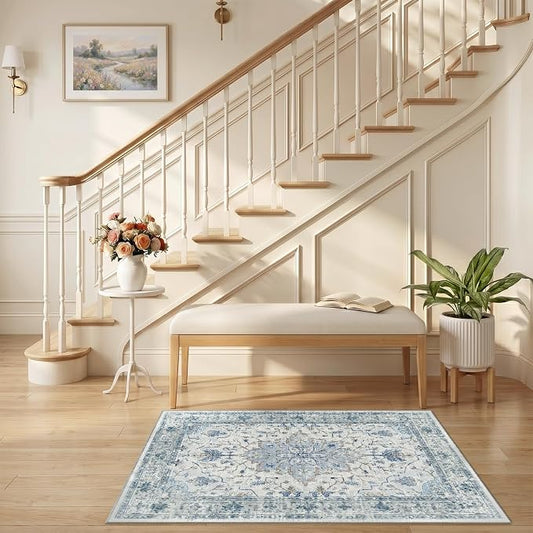 RELEANY Area Rugs Small 2'6"x4' Washable Non-Slip, Floral Vintage Distress Medallion Carpet for Kitchen Entryway Bathroom, Light Blue Navy Gray White