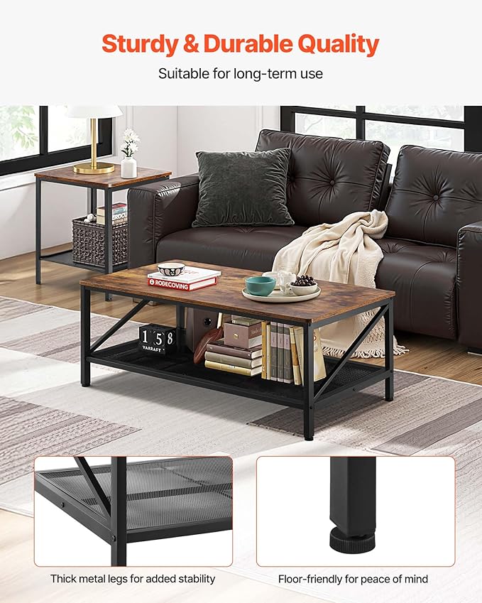 VEVOR 3 Pieces Living Room Table Sets, 41.3 in Industrial Coffee Table with 2 Square End Side Tables, Easy Assembly Coffee and End Tables Sets with Metal Legs, for Office, Living Room & Apartment