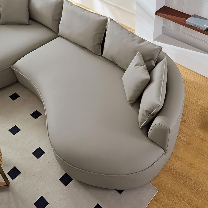 KEIKI 129" Curved Oversized Modular Bonded Leather Sectional Sofa with Left Chaise, 4 Pillows, 3 Back Cushion, Modern Style Comfy 5-Seater Couch, Easy Assembly, for Apartment, Living Room, Light Grey