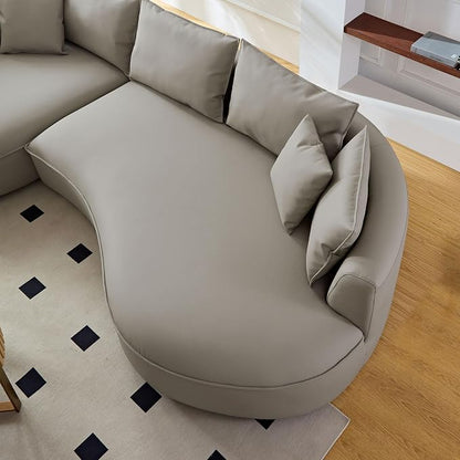 KEIKI 129" Curved Oversized Modular Bonded Leather Sectional Sofa with Left Chaise, 4 Pillows, 3 Back Cushion, Modern Style Comfy 5-Seater Couch, Easy Assembly, for Apartment, Living Room, Light Grey