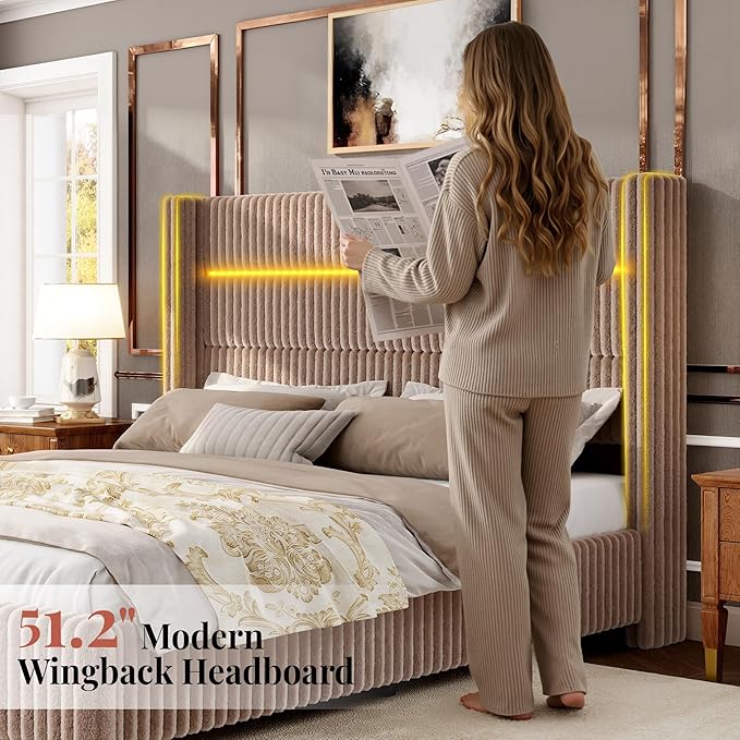Jocisland Queen Size Corduroy Upholstered Bed Frame with 4 Storage Drawers & 51.2" Tall Wingback Headboard, LED Platform Bed with Charging Station, Easy Assembly, No Box Spring Needed, Dark Khaki