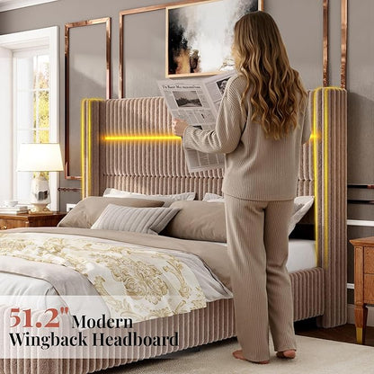 Jocisland Queen Size Corduroy Upholstered Bed Frame with 4 Storage Drawers & 51.2" Tall Wingback Headboard, LED Platform Bed with Charging Station, Easy Assembly, No Box Spring Needed, Dark Khaki
