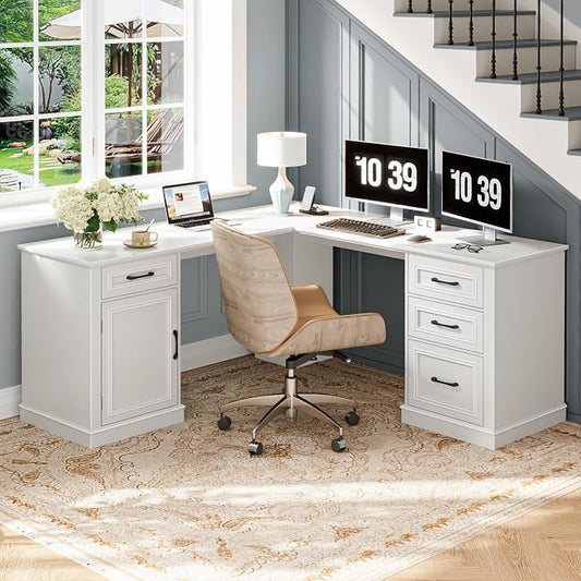 Halitaa Farmhouse 59" L-Shaped Executive Desk with Drawers, Wood Home Office Corner Desk with File Drawer, Storage Cabinet, Rustic Computer Writing Desk for Home Office. White
