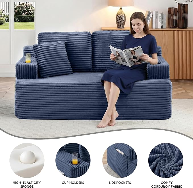 66.5'' Boneless Sofa Couch with Cup Holders & Side Pockets, Modern Corduroy Fabric Upholstered Loveseat Couch with 2 Throw Pillows for Living Room Office, No Assembly (Blue)