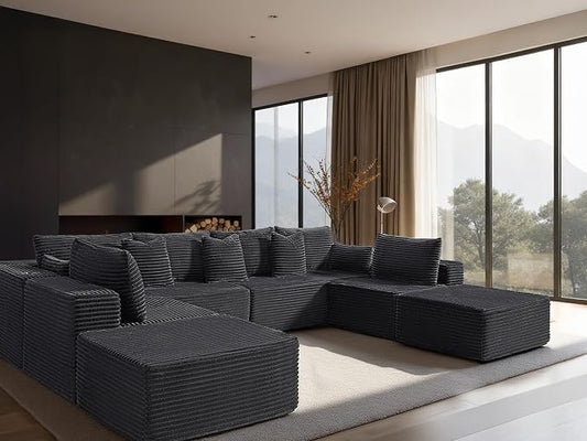 138" Cloud Sectional Couch, Comfort U Shaped Sofa for Living Room, Extra Deep Seats No Assembly, Minimalist Modular Couch, Corduroy (Dark Grey, 8 Seats,U-Shape A)