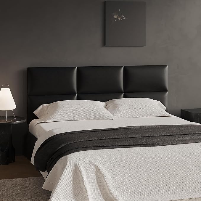 Black Stick-On Wall Mounted Headboard - 12-Piece Modular Bed Backboard for Queen Size Beds, 24 x 12 Inches Each, Easy-to-Install Sound-Proofing Decorative Bed Headboard Queen