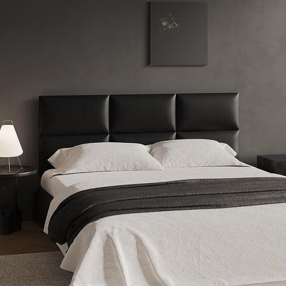 Black Stick-On Wall Mounted Headboard - 12-Piece Modular Bed Backboard for Queen Size Beds, 24 x 12 Inches Each, Easy-to-Install Sound-Proofing Decorative Bed Headboard Queen