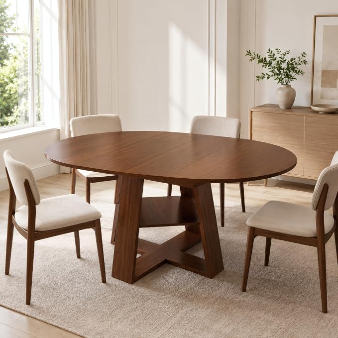 ClinQ 43-59in Extendable Round Dining Table for 4-6, Round to Oval Dining Room Table with Removable Leaves, Space Saving Dinner Table with Storage Shelf, Walnut