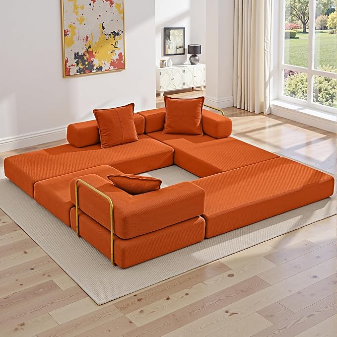 ivoros 108" Oversized Convertible Sleeper Sofa Bed, Corduroy L Shape Sectional Couch, Folding Sofa Bed with Fixed-Shape Frame, Modern Cloud Floor Mattress Couch, Modular Sofa for Living Room, Orange