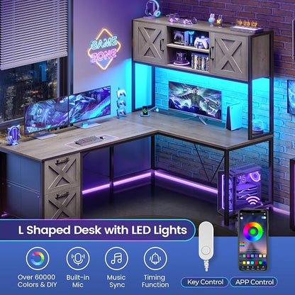 SEDETA L Shaped Gaming Desk, Reversible 86.6" Computer Desk with Fabric Drawers and Power Outlet, Gaming Desk with Led Lights, Hutch and Storage for Home Office, Light Gray