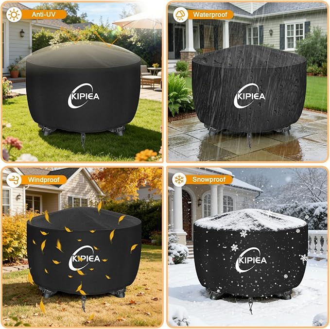 Kipiea Round Fire Pit Cover 100% Waterproof, 50" D x 24" H Outdoor Firepit Cover, Upgraded 600D Strong Tear and UV Resistant, Black