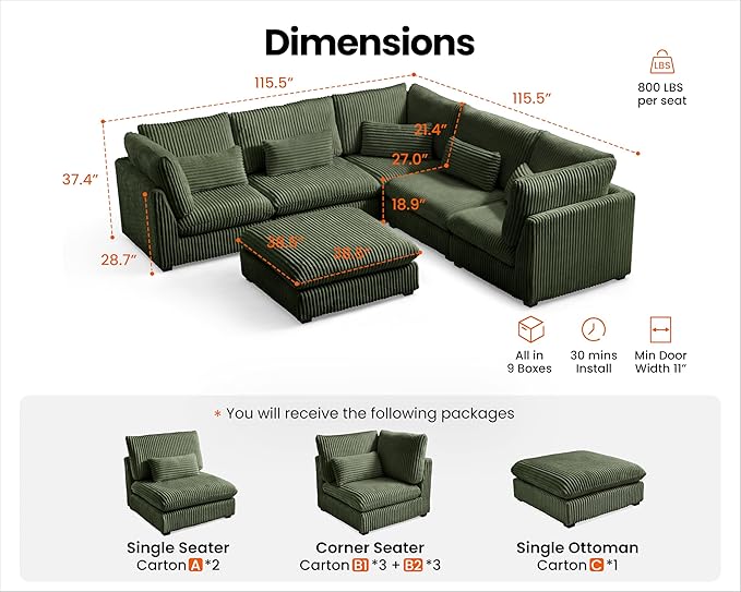 115" Oversized Corduroy Couch Modular Sectional Sofa, Washable Cloud Couch Sectional with Ottoman, 6 Seater Sectional Couches for Living Room, Fully Cover Removable, V Shaped & Corner, Corduroy, Green