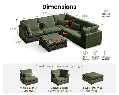 115" Oversized Corduroy Couch Modular Sectional Sofa, Washable Cloud Couch Sectional with Ottoman, 6 Seater Sectional Couches for Living Room, Fully Cover Removable, V Shaped & Corner, Corduroy, Green