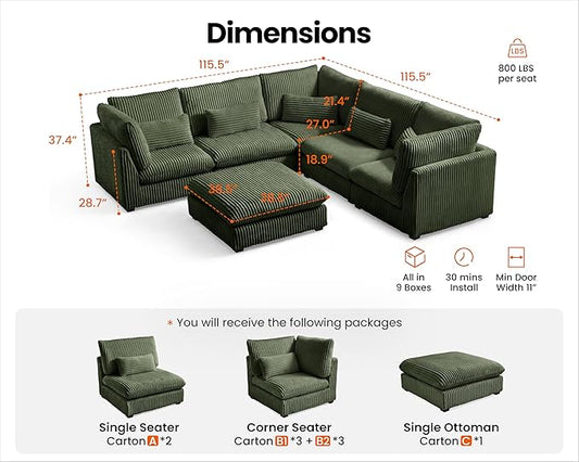 115" Oversized Corduroy Couch Modular Sectional Sofa, Washable Cloud Couch Sectional with Ottoman, 6 Seater Sectional Couches for Living Room, Fully Cover Removable, V Shaped & Corner, Corduroy, Green
