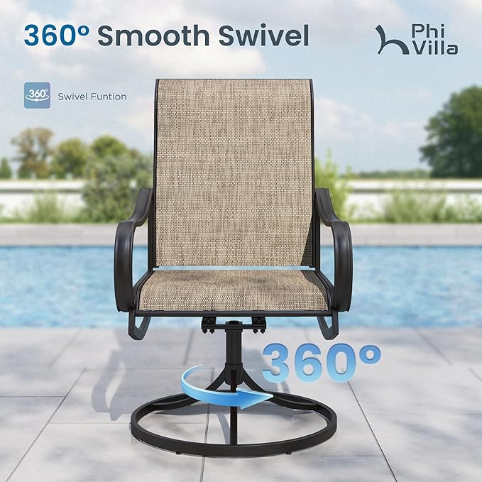 PHI VILLA Outdoor Dining Set for 8, Swivel Mesh Chairs & Square Table,Brown | Textilene chairs and large 57.5'' metal table with umbrella hole. All-weather patio furniture set designed for patio, deck