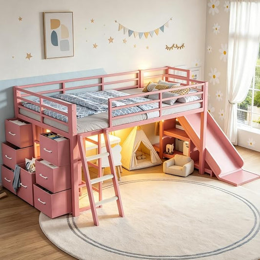 Bellemave Twin Loft Bed with Slide & Ladder, Metal Kids Loft Bed with Storage Drawers & LED Lights, Low Loft Bed Twin Size with Wood Wardrobe & Bookcase, Loft Bed for Kids Teens, Pink
