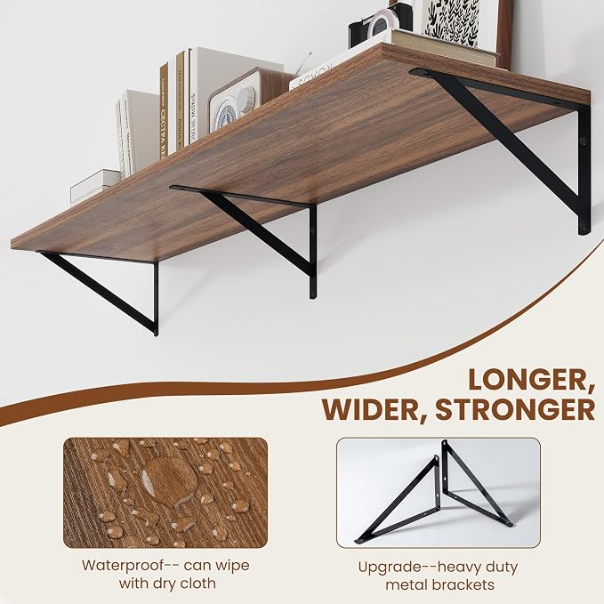 Heimlove 12 Inch Deep Floating Shelves for Wall, 44W x 12D Wood Wall Shelves Set of 2, Walnut Wide Floating Bookshelf for Living Room, Kitchen, Office, Bedroom, with Black Metal Bracke - Walnut