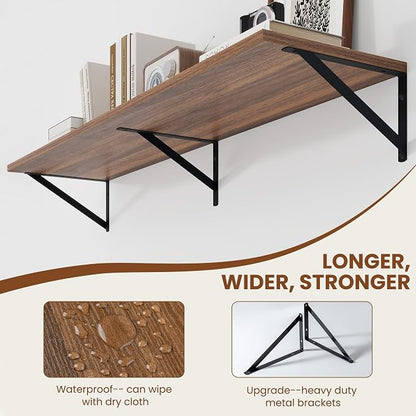 Heimlove 12 Inch Deep Floating Shelves for Wall, 44W x 12D Wood Wall Shelves Set of 2, Walnut Wide Floating Bookshelf for Living Room, Kitchen, Office, Bedroom, with Black Metal Bracke - Walnut
