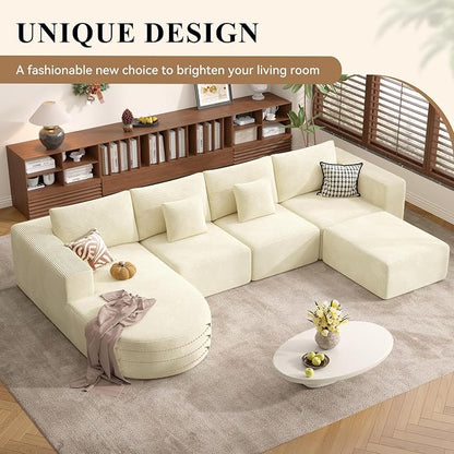 134" Boneless Couches for Living Room,Large U-Shaped Modular Sectional Sofa with Convertible Ottoman,Modern Cozy Cloud Couch in a Box,Sponge Compression Deep Seat Sofas with Chaise,Beige,1pcs