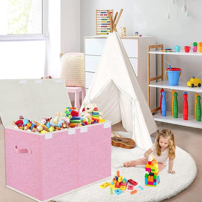 Large Collapsible Toy Storage Box with Lid & Handles - Kids Organizer Chest for Toys, Clothes, Blankets (Pink, Nursery, Playroom, Bedroom)-24.5''×13''×16''