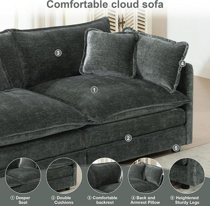 111.5" Modular Sectional Sofa, Large L Shaped Sectionals Cloud Couch, Big Comfy 3-Seat Couch with Ottoman, 4 Seater Chenille Sectional Sofa with Deep Seat and 5 Pillows for Living Room- Grey