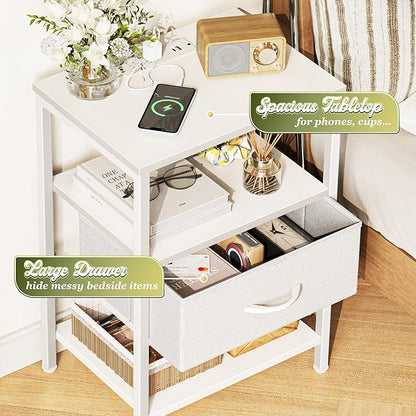 SUPERJARE Nightstand Set of 2, Bed Side Tables with Charging Station, Adjustable Fabric Drawer, Night Stand for Bedroom, 3-Tier Storage End Tables, White, 8694WC