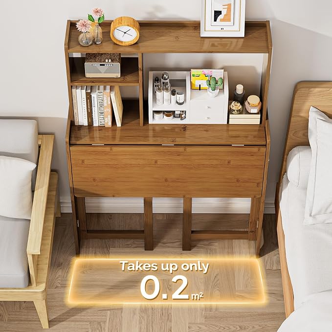 Bamboo Folding Desk with Bookshelf, Compact Computer Desk with Hutch for Small Spaces, Foldable Desk with Storage Shelf, Space-Saving Home Office Desk for Bedroom, Dorm, Apartment,Brown