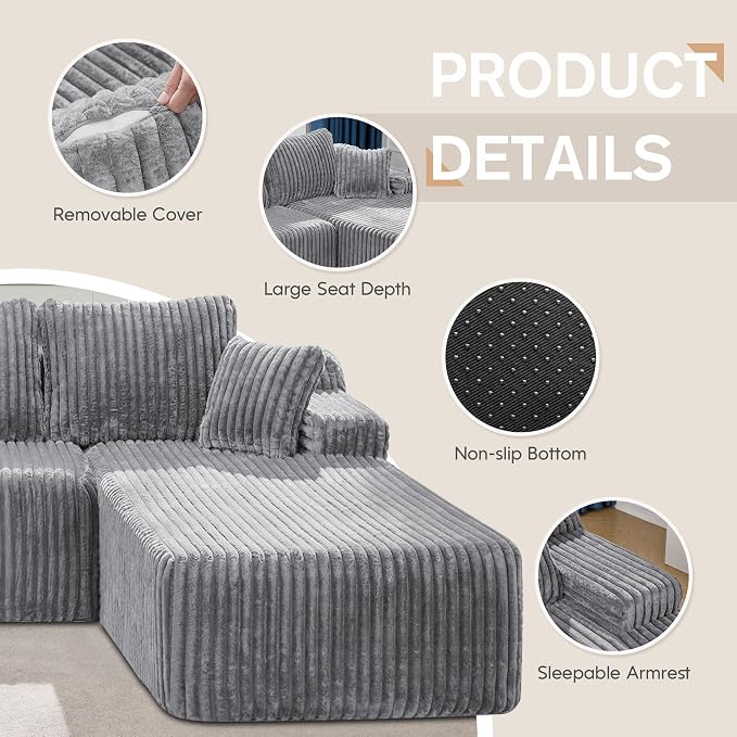 Hobestluk Boneless Couch Modular Sectional Sofa L-Shape Oversized Chaise | 108" Right Facing Chaise Pale Gray,Memory Foam,Removable Cover,Non-slip Bottom,No Assemble Required,Living Room Furniture