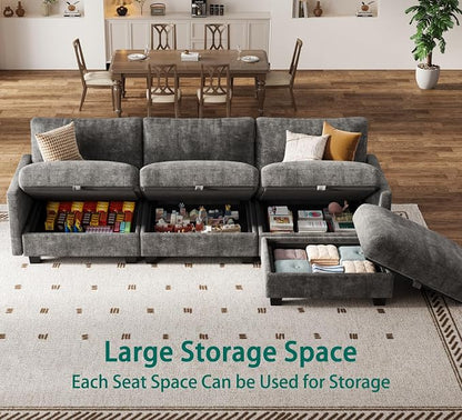 Modular Sectional L Shaped Sofa Couches for Living Room, Cloud Couch with Storage Ottoman, Comfy Chenille Sofa with Pillow, Dark Gray