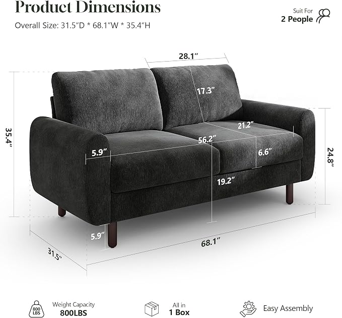 WorthFurni 68" Loveseat Sofa, Comfy Chenille Fabric Couches for Living Room with Spring Cushion and Solid Wood Frame, Modern Deep Seat Couch for Bedroom, Apartment, Office, Easy Assembly, Black