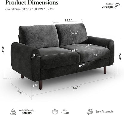 WorthFurni 68" Loveseat Sofa, Comfy Chenille Fabric Couches for Living Room with Spring Cushion and Solid Wood Frame, Modern Deep Seat Couch for Bedroom, Apartment, Office, Easy Assembly, Black
