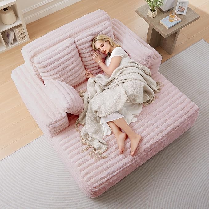 JEEOHEY 56" Oversized Chaise Lounge Chair Indoor,Plush Faux Fur Sleeper Sofa Couch Bed with Pillows&Wide Armrests,Fluffy Comfy Cloud Couch,Compression Foam Couch for Living Room,Bedroom(Pink)
