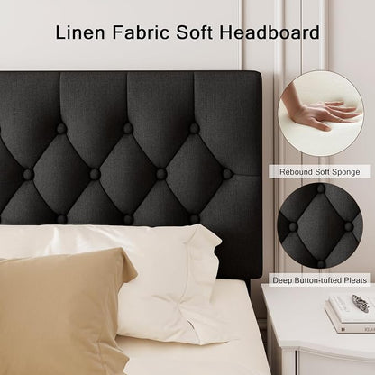 Einhomn Full Upholstered Bed Frame with Headboard, Button Tufted Linen Bed Base, Platform Bed with Wood Slat, Heavy Duty, Easy Assembly, No Box Spring Needed, Black