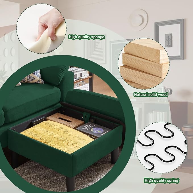 79" Convertible Sectional Sofa Set, Modern Linen Small L Shaped Couch with Reversible Ottoman and Loveseat, 3-Seat Sofa Couches for Living Room, Office, Apartment, Green