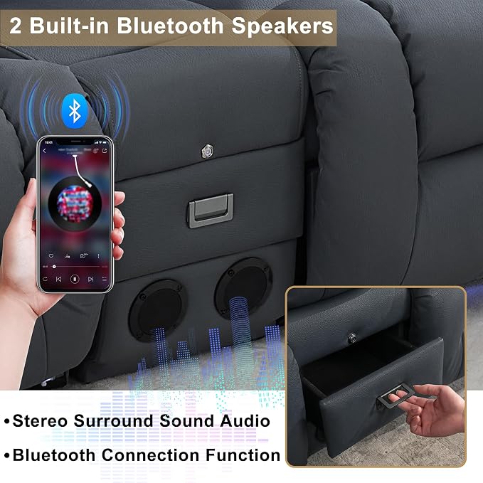 URRED Power Loveseat Recliner Sofa with Massage and Heat, Wall Hugger Reclining Loveseat with Console, RV Couch Home Theater Seating with LED Lights for Living Room (Blue Grey, 89.8" - 3 Seats)