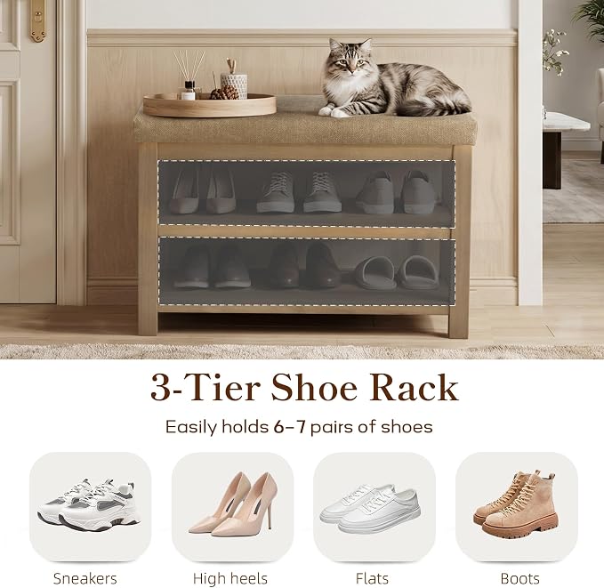 Zihanhome 2 Tier Shoe Rack Bench with Cushion, Solid Wood Shoe Benches, Mid-Century Modern Shoe Storage Bench for Entryway, Hallway, Living Room, Closet, Front Door Entrance, (Brown, 31.5")