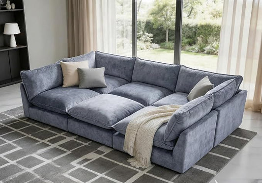 Iroomy Modular Sectional Sofa, Oversized Chenille Cloud Couch, Deep Comfy Seat, 6-Seater Sofas Couches for Living Room, Dusty Blue