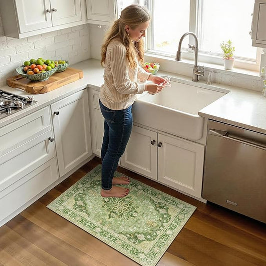 RELEANY Area Rugs Small 2'x3' Washable Non-Slip, Floral Vintage Distress Medallion Carpet for Kitchen Entryway Bathroom, Sage Green Yellow