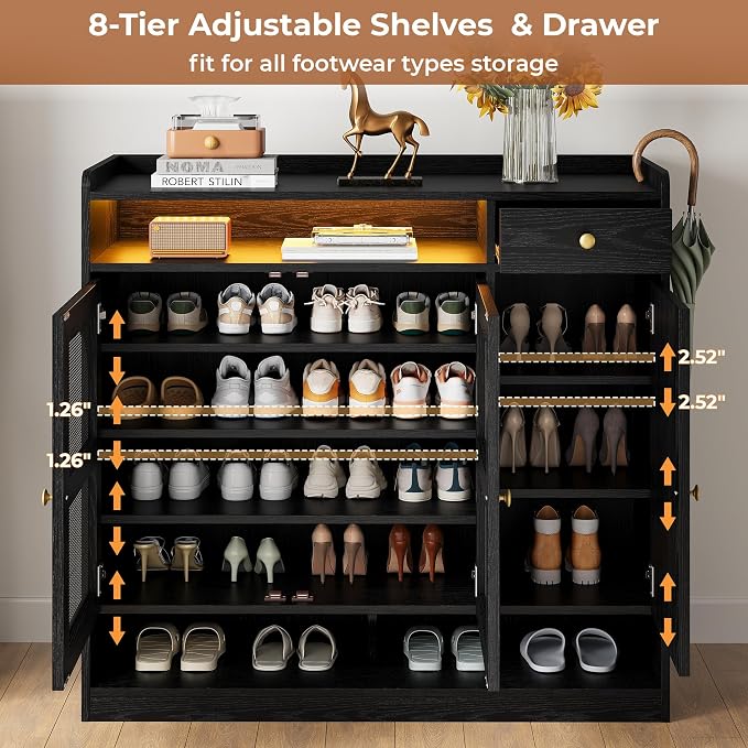LIKIMIO Rattan Shoe Storage Cabinet, 30 Pairs 6-Tier Shoe Cabinet Storage for Entryway with LED Light, Drawer & Doors, Adjustable Shelves, Shoe Rack Organizer for Hallway, Living Room, Black