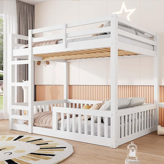 RUNNA Full Over Full Bunk Bed with Ladder,Guardrails,White | Full over full bunk bed with ladder,guardrails,solid wood frame,no box spring needed,bedrooms,guest rooms,dormitories,White