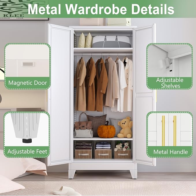 Ckzbx 71" H Metal Armoire Wardrobe Closet with Mirror, Adjustable Shelve, Clothes Drying Pole, Steel Wardrobe Cabinet for Bedroom (White)