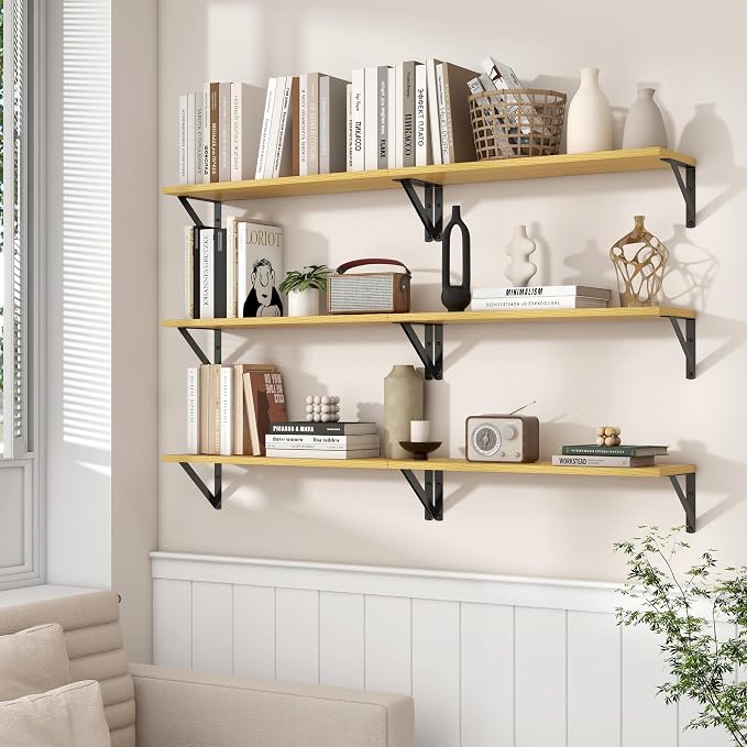Axeman 24'' x 8'' Floating Shelves Set of 2, Rustic Oak Wall Shelves with Brackets, Engineered Wood, Includes Mounting Hardware, 35Lbs, Ideal for Books, Plants, Kitchen Utensils and Decorations