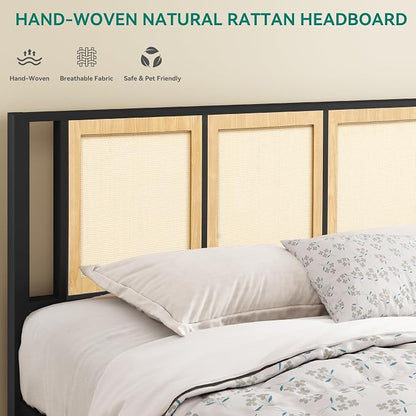 YITAHOME Natural Rattan King Bed Frame with Wooden Headboard and 2 Storage Drawers Underneath, Boho Cane Bed Platform Bed with Metal Slat, Noise Free, No Box Spring Needed