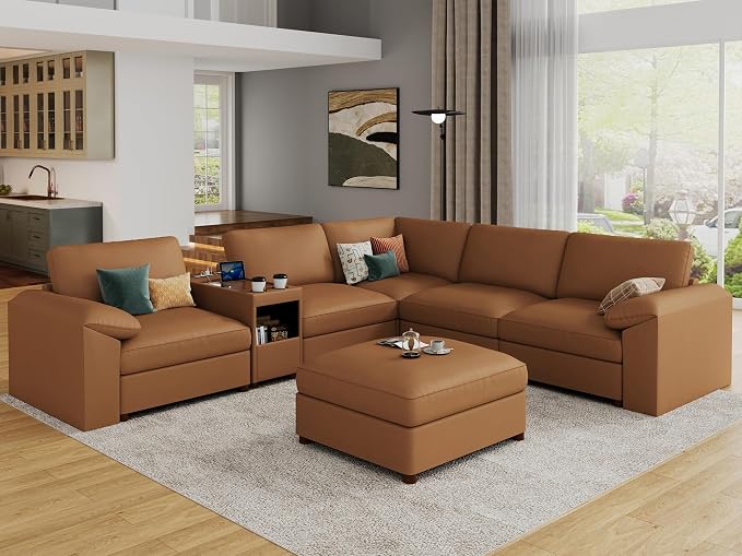 EASE MOOSE Oversized Corner Modular Sectional Sofa with Ottoman and Console, Faux Leather Sectional Sofa with Deep Seat, Scratch Resistant Faux Leather Material, Extra Large L Shaped Couch,Brown